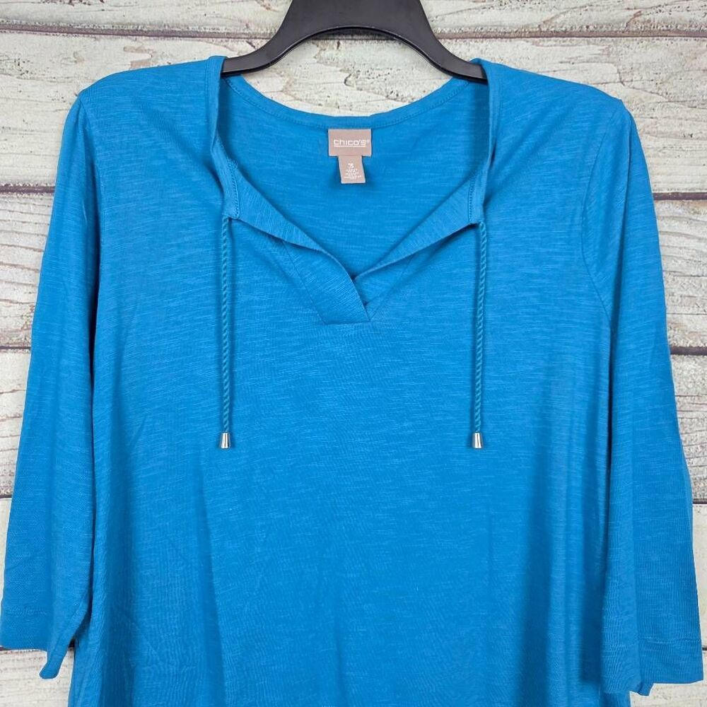 Chico’s Blue Hooded Pullover 3/4 Sleeve Top Size 3 - Picture 2 of 7